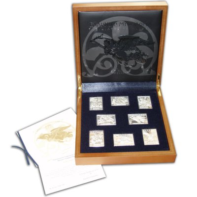 Case containing silver postage stamps “Mythological”